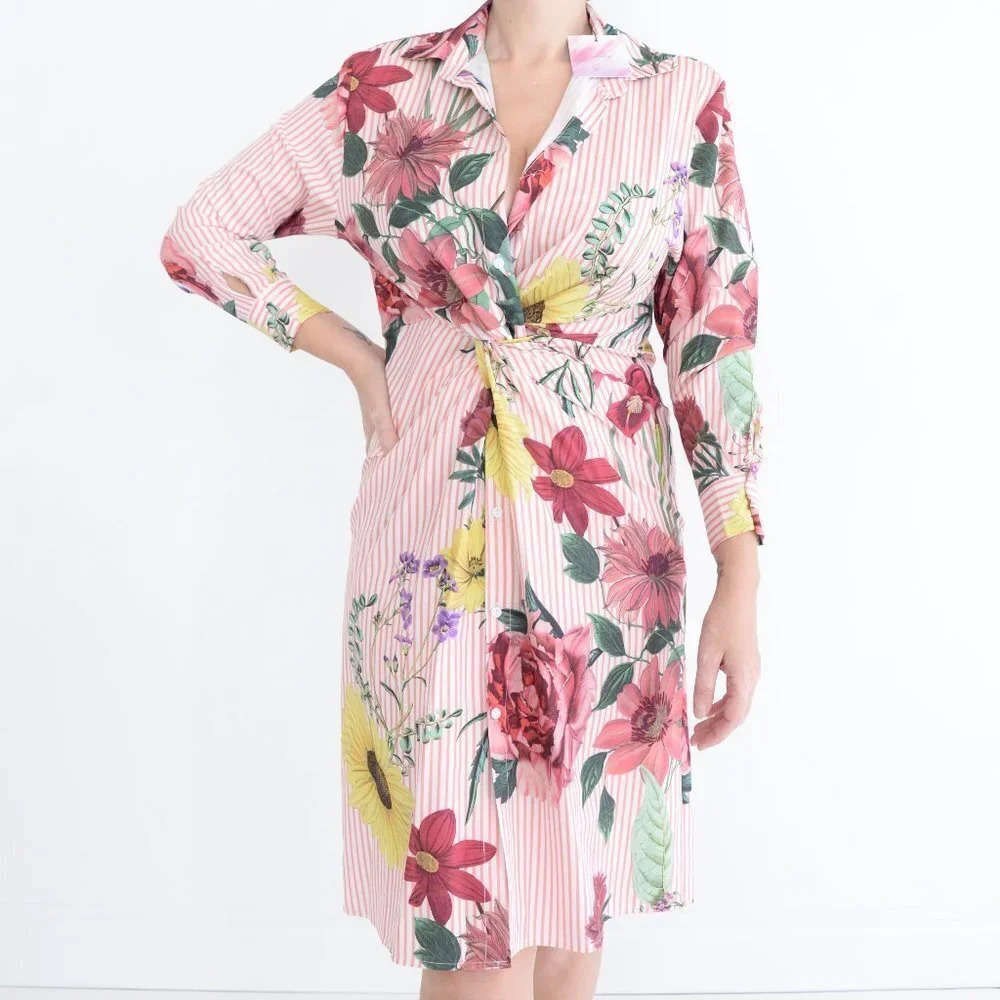 Chicwish Red Pink Green Floral Soul Twist Stripe Button Up Shirt Dress NWT S